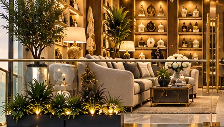 Cream sofas and a gold-framed coffee table beside potted greenery