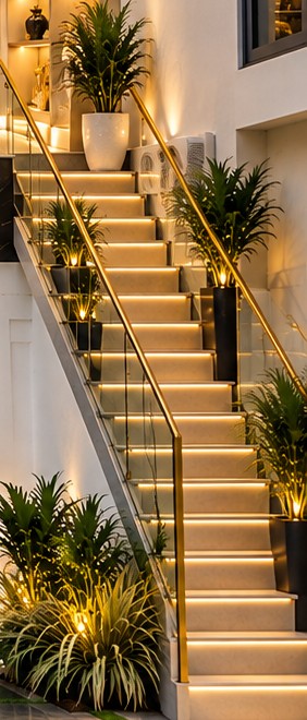 Lit stone staircase with a gold-trimmed glass rail leading up to the showroom